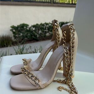 Chic Chain-Embellished Beige Heels